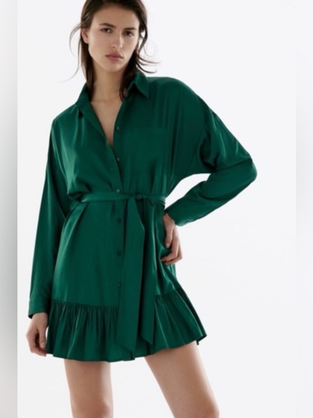 Zara Deep Green Button-Front Tie Mini Dress